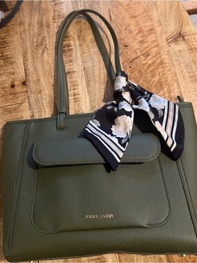 Anne Klein Olive Pebbled  Tote with Floral Scarf Accent